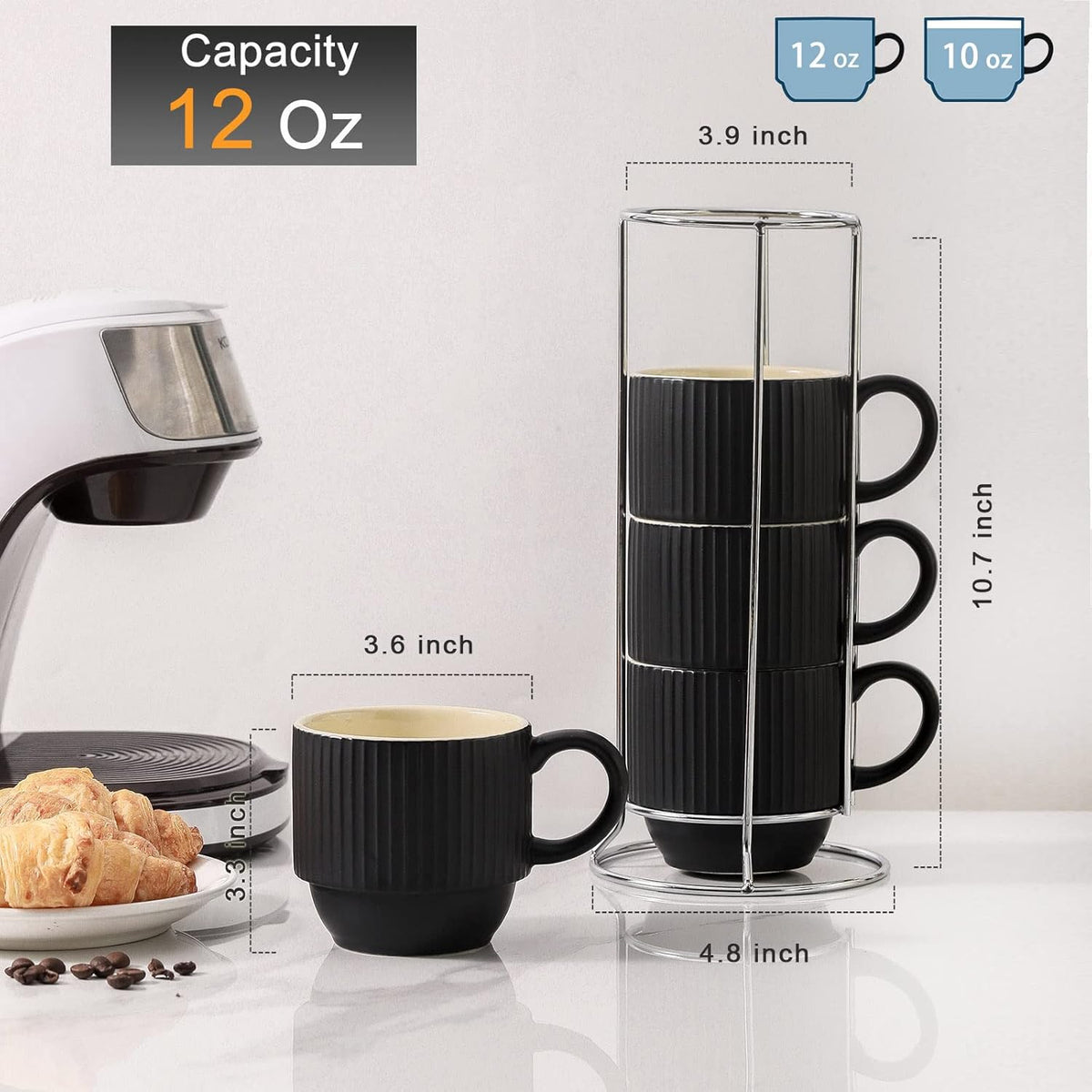 Hasense Black Coffee Mug Porcelain Set of 4 with Rack - 12 oz Stackable Coffee Cups Ceramic, Modern Ribbed Latte Cup Sets for Cappuccino, Tea, Espresso, Hot Cocoa, Drinks - Dishwasher & Microwave Safe