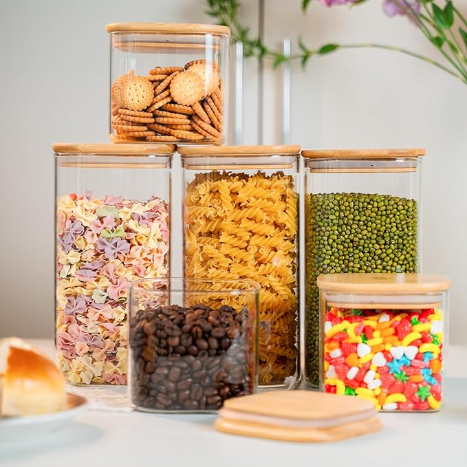 YUNCANG Glass Storage Jars 27oz [Set of 6],Clear Glass Food Storage Containers with Airtight Bamboo Lid Stackable Kitchen Canisters for Candy,Cookie,Rice,Sugar,Flour,Pasta(Square)