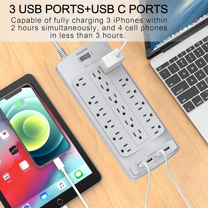 18 Outlets Surge Protector Power Strip - 6 Feet Flat Plug Heavy Duty Extension Cord with 18 Widely Outlets and 4 USB Ports, 2100 Joules, Grey, ETL Listed