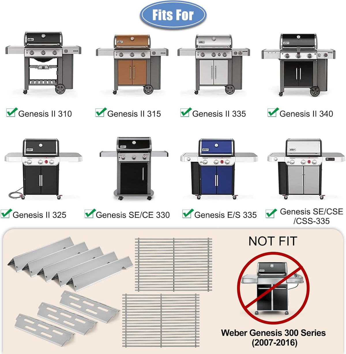 Stainless Steel Grill Grates with 66032 Flavorizer Bars for Weber Genesis II Grill Parts GS4,66095 Cooking Grates 66795 Heat Deflector Replacement Parts for Weber Genesis ii E-310 E-315 S-335