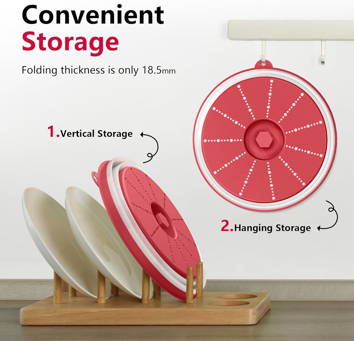 WVM Microwave Splatter Cover & Mat, Vented Collapsible Splatter Guard dish Plate lid & Silicone Round Kitchen Mat for Food, Meal Prep, Red