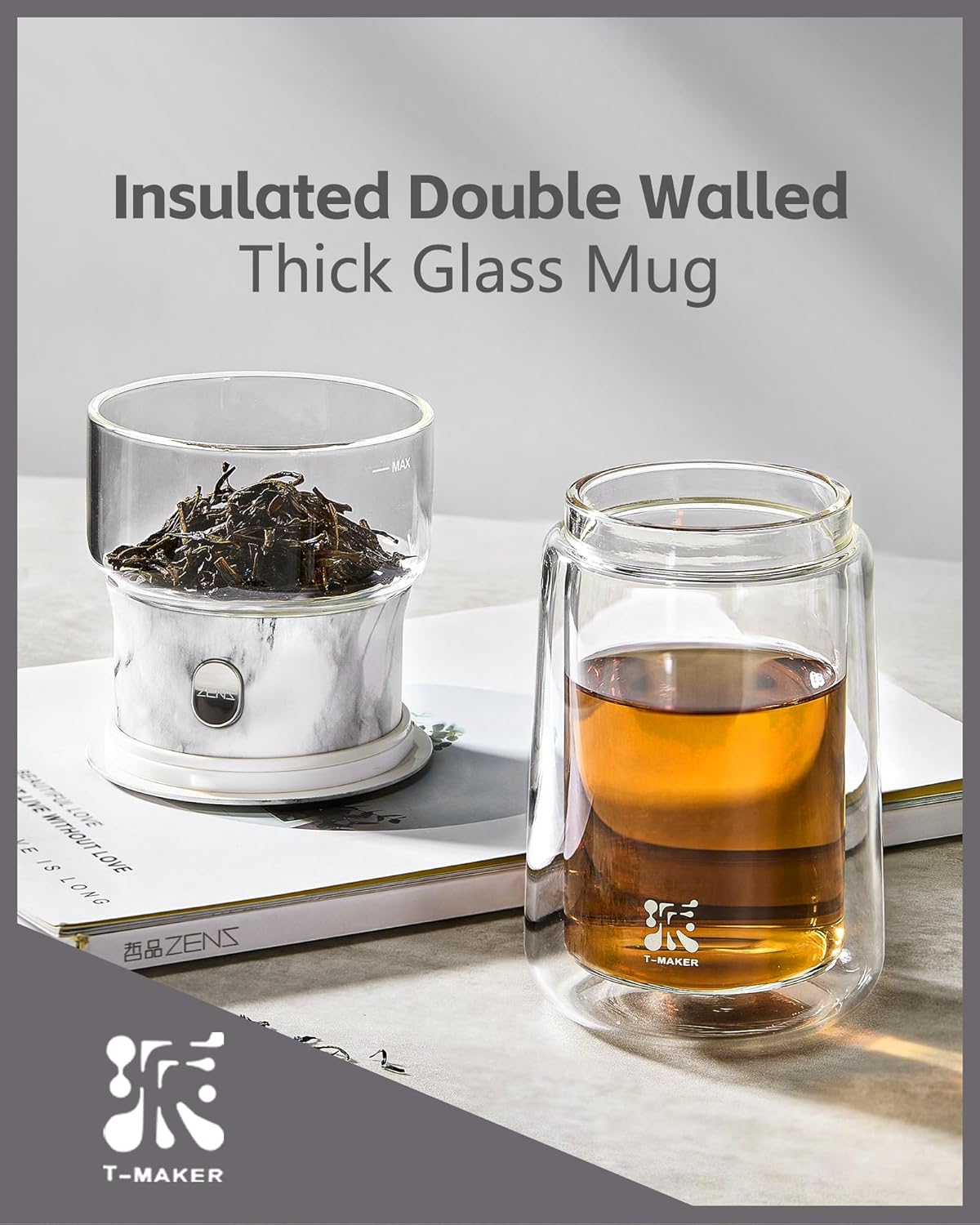 ZENS Modern One Touch Tea Maker, Glass Teapot with Infuser for Loose Leaf Tea Diffusers, Mess-Free Smart Pouring with Insulated Mug and Portable Tea Kits for Tea Lover Gifts