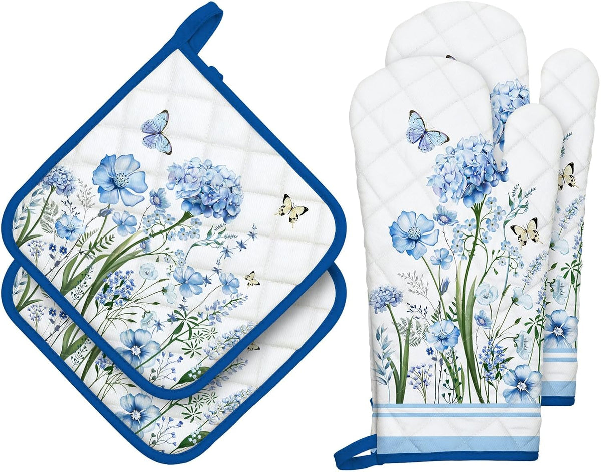Blue Floral Oven Mitts and Pot Holders Sets 4Pcs, 100% Cotton Heat Resistant, Extra Long Oven Gloves Potholder for Kitchen Cooking Baking Decoration