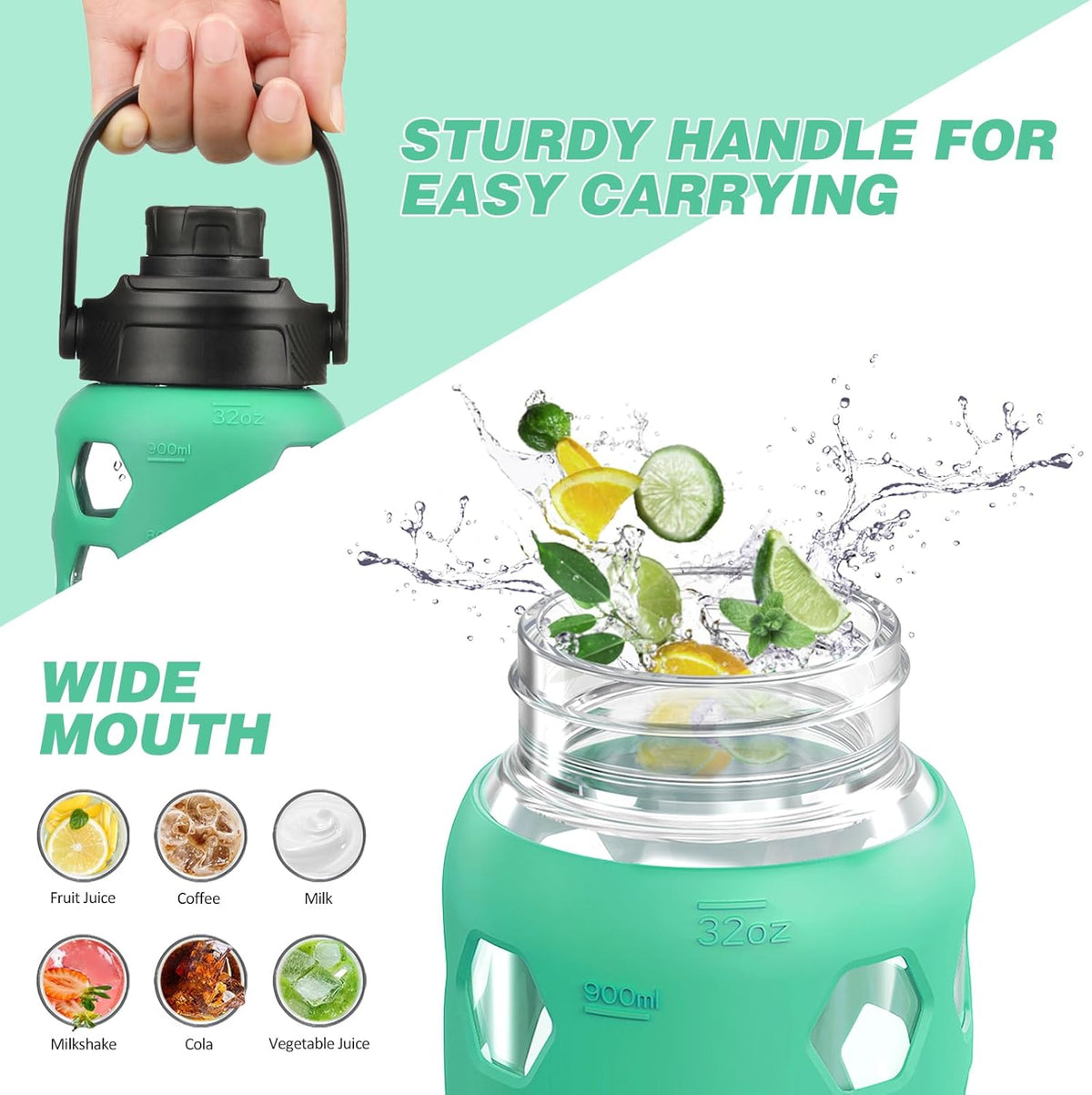 MUKOKO Glass Water Bottles, 32oz Glass Tumbler with Straw, Drinking Bottles with 2 Lids-Handle Spout Lid&Bamboo Straw Lid, Motivational Water Bottle with Time Marker and Silicone Sleeve, 1 Pack-Green