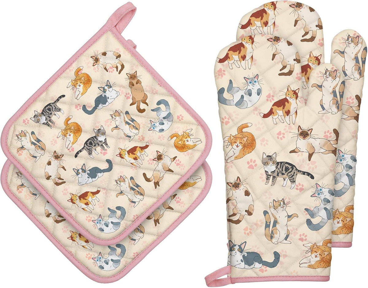 Cat Oven Mitts and Pot Holders Sets 4Pcs, 100% Cotton Heat Resistant, Extra Long Oven Gloves Potholder for Kitchen Cooking Baking Housewarming