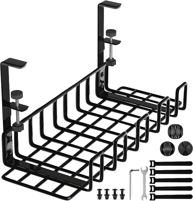 Under Desk Cable Management Tray, 16” No Drill Cord Organizer with Clamps for Wire Management, 4mm Sturdy Wire Desk Cable Organizer Tray, Cable Management Rack for Office