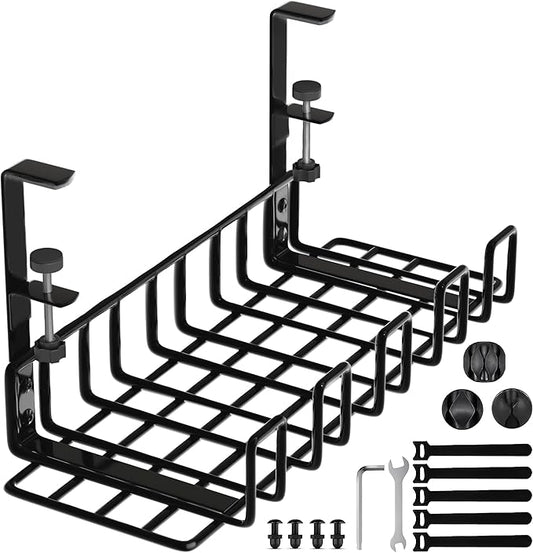Under Desk Cable Management Tray, 16” No Drill Cord Organizer with Clamps for Wire Management, 4mm Sturdy Wire Desk Cable Organizer Tray, Cable Management Rack for Office
