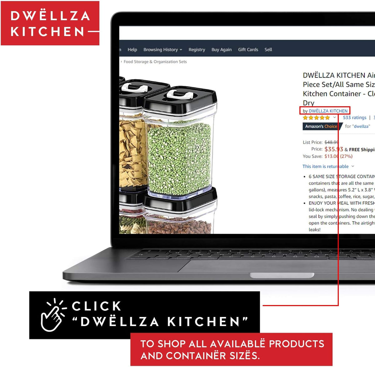 DWËLLZA KITCHEN Pasta Storage Containers for Pantry Airtight - 2 Pc Spaghetti Container Storage - Ideal for Spaghetti & Noodles, Kitchen Pantry Organization and Storage - Keeps Food Fresh & Dry