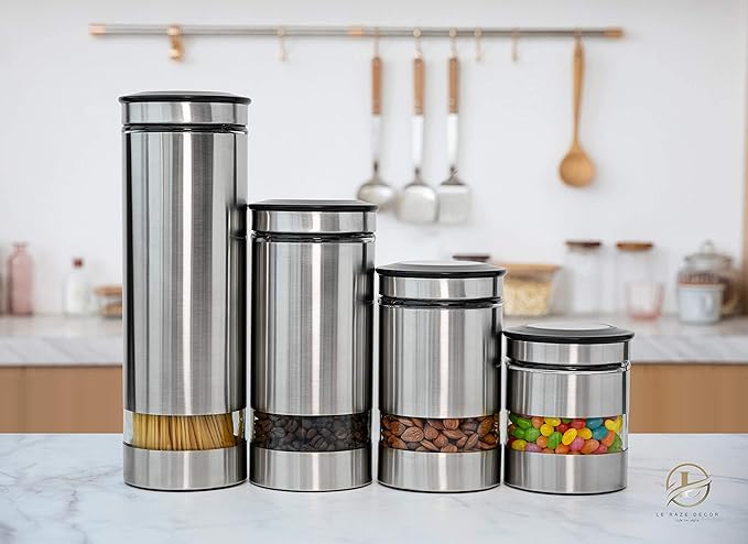 Le'raze Airtight Food Storage Container for Kitchen Counter with Window, [Set of 4] Canister Set Ideal for Flour Tea, Sugar, Coffee, Candy, Cookie Jar
