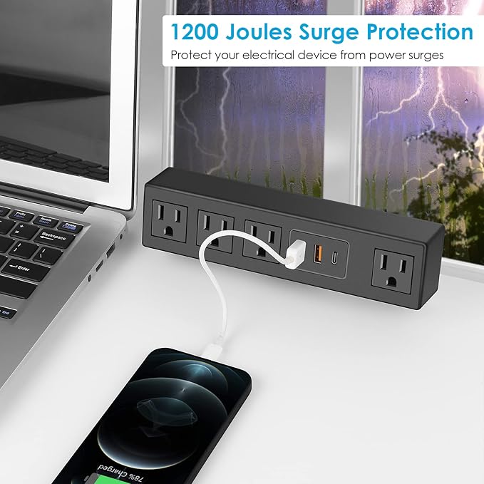 CCCEI Desk Clamp Power Strip with USB-A and USB-C Ports, Desktop Mount Surge Protector 1200J, Widely Spaced Desk Outlet Station, Fast Charging, 10 FT Flat Plug, Fit 1.9 inch Tabletop Edge. (Black)