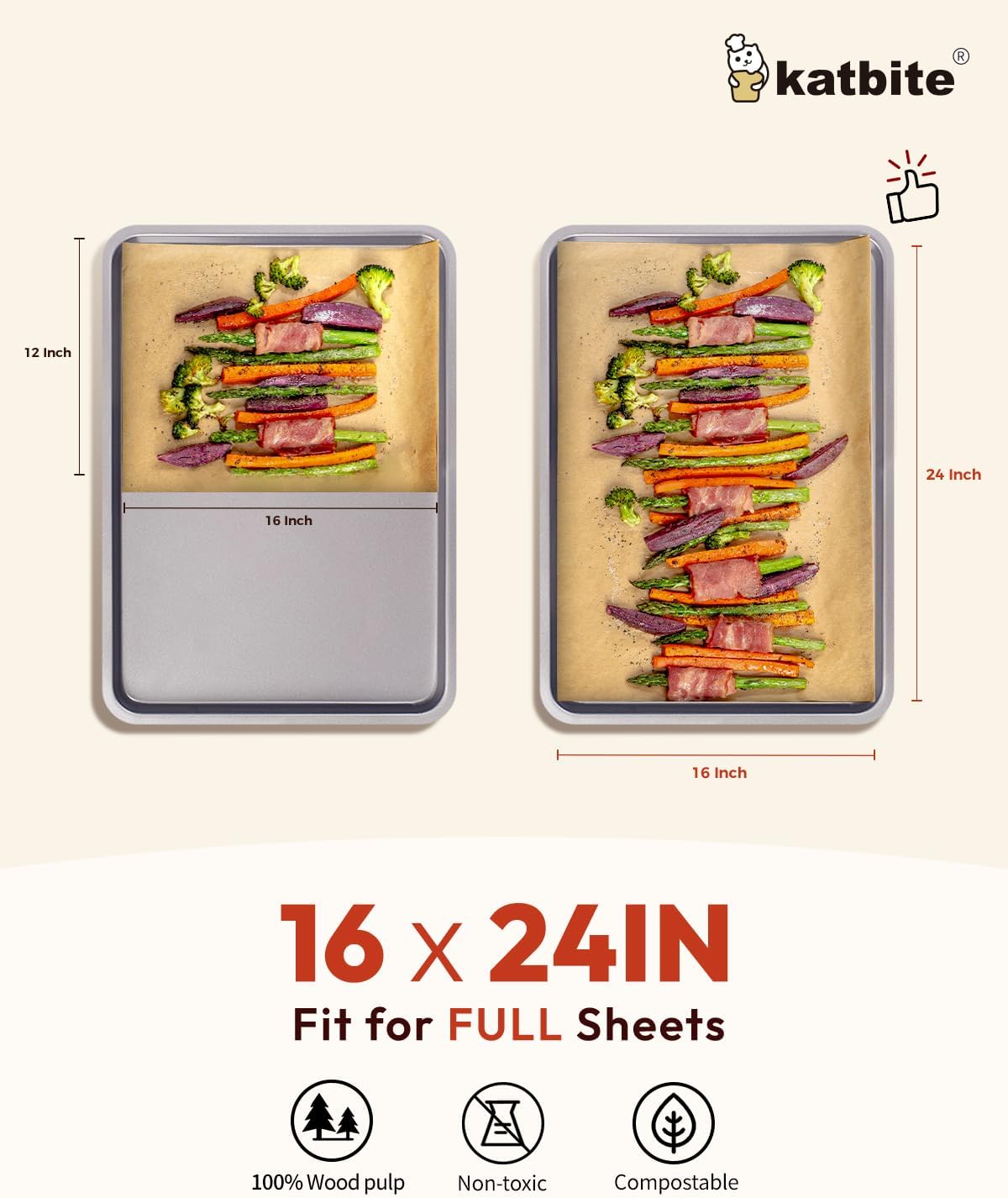 Katbite 16x24 Inch Parchment Paper Sheets, 100Pcs Non-Stick Precut Baking Parchment, Unbleached Parchment Paper for Baking, Cooking, Grilling, Frying and Steaming, Full Sheet Baking Pan Liners