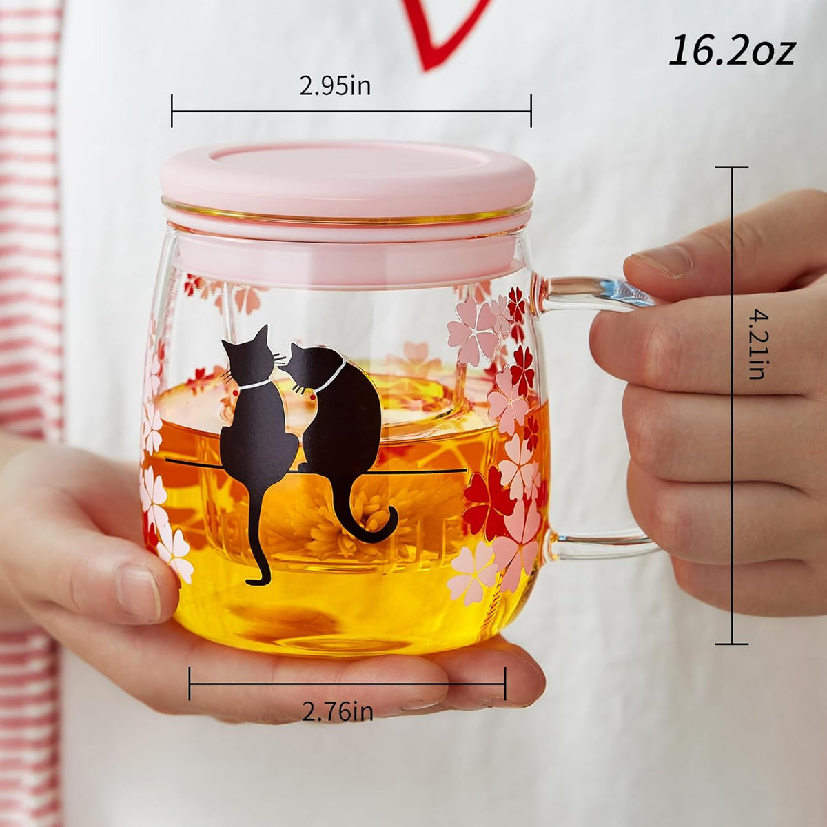 Glass Tea Cup with Infuser and Lid, 16.2oz/480ml Large Borosilicate Teacup,Tea Glass, Clear Mug for Loose Leaf Tea, Blooming Tea, Microwave & Dishwasher Safe - Tea Maker Gift for Birthday