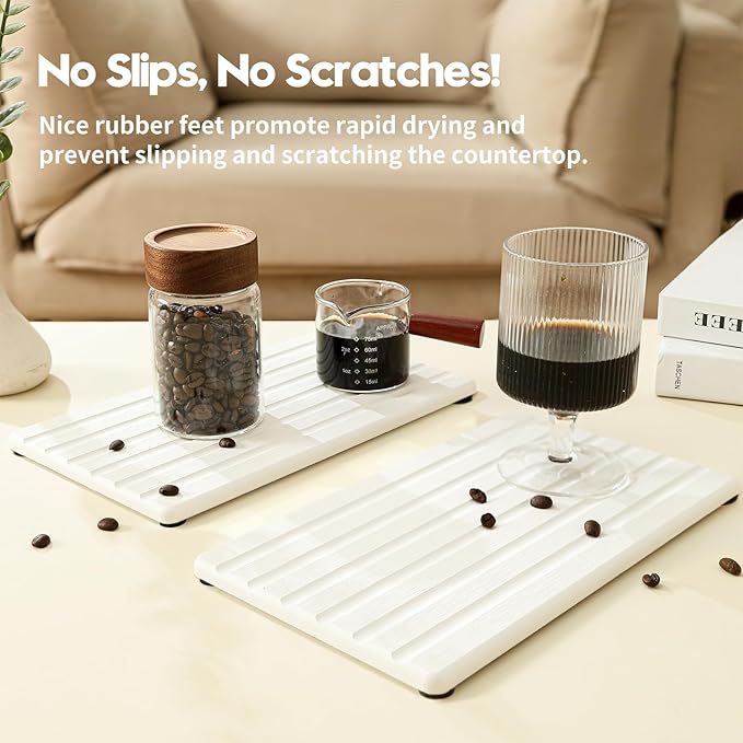 2PCS Water Absorbing Stone Drying Tray Mat for Bathroom Sink & Kitchen Counter Organizer, Quick Dry Dish Soap Dispenser Sponge Holder, Vanity Sink Caddy, Drink Bar Coaster, White - 10"*6"