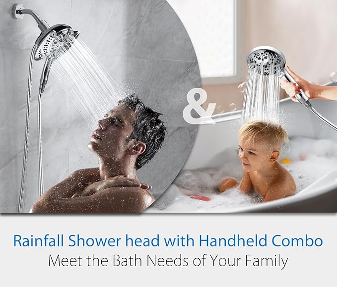 2-in-1 Shower Head with Handheld Combo: 2.5GPM Rainfall Shower Head & Handheld Shower Head Use Together or Alone, 9 Spray Settings Hand Held Shower Head with Hose, Shower Trim Systems