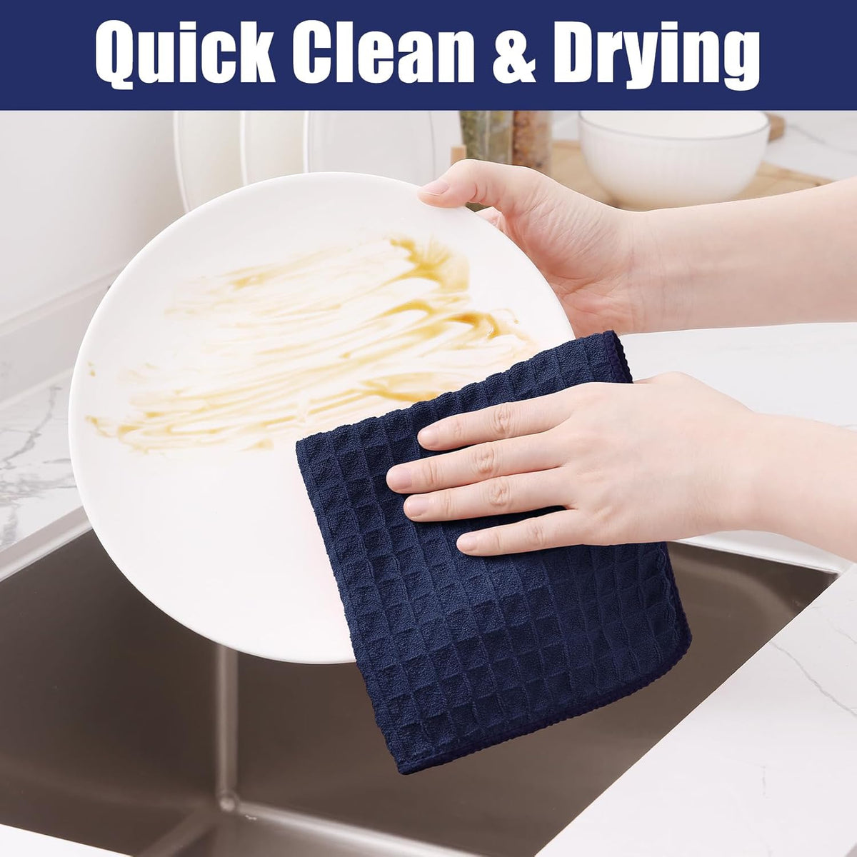 Homaxy Microfiber Waffle Weave Kitchen Towels, 16 x 28 Inch Ultra Absorbent and Solid Color Dish Towels, 8 Pack, Navy Blue