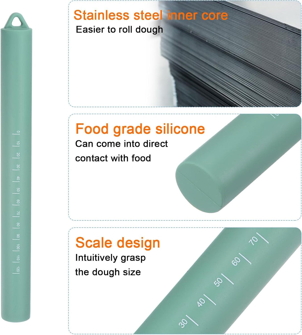 HARFINGTON Silicone Rolling Pin 10" Silicone Surface Non-Stick Stainless Steel Inner Core Dough Roller Kitchen Roller for Baking Pastry Pizza Fondant Bread, Green