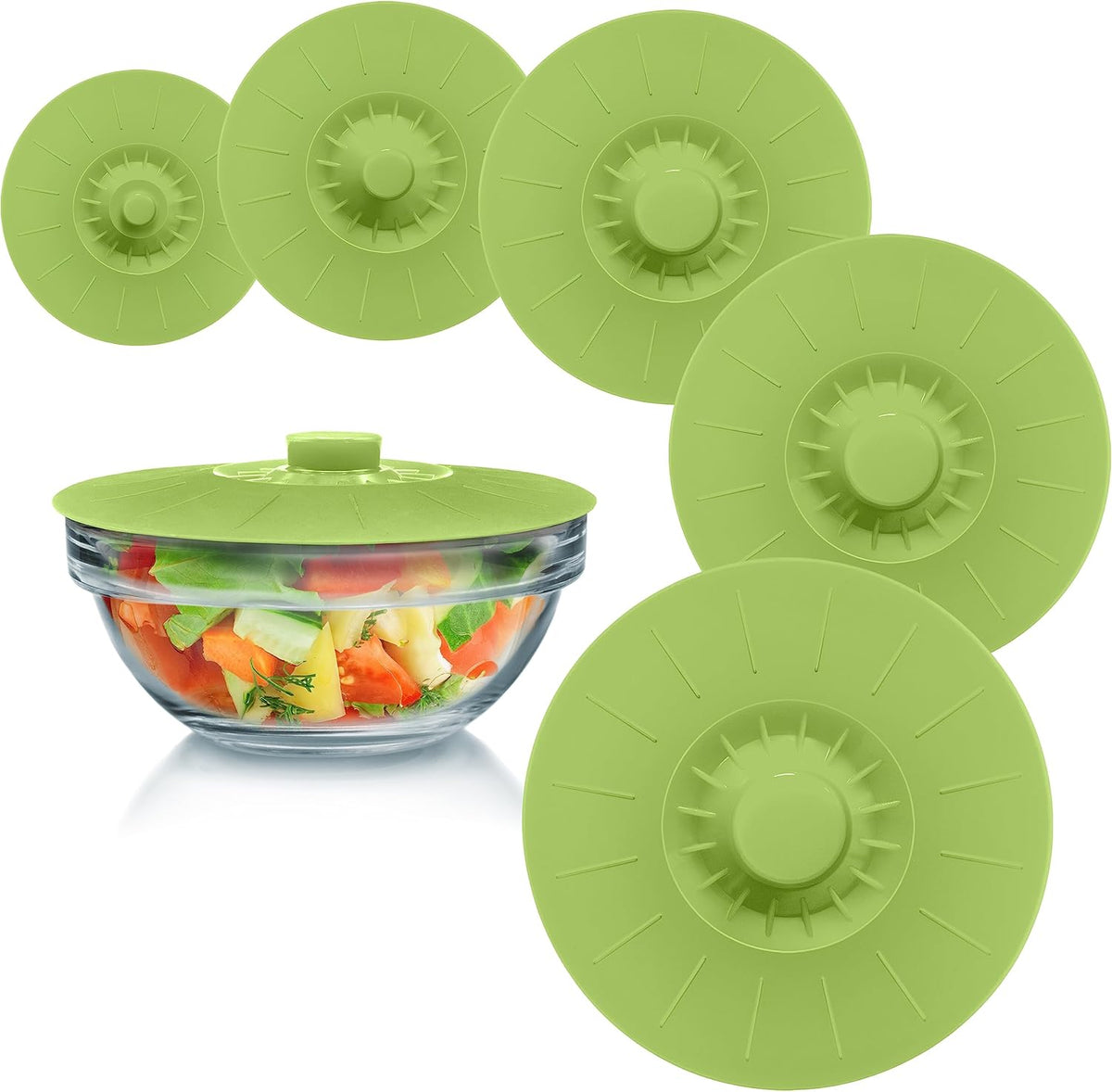 Silicone Bowl Lids Green Set of 5 Reusable Suction Seal Covers for Bowls, Pots, Cups. Food Safe. Natural grip, interlocking handles for easy use and storage.