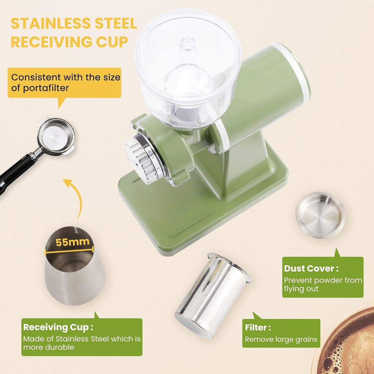 Electric Coffee Grinder Burr Espresso Coffee Bean Grinder Small Automatic Stainless Steel Coffee Mill With Brush, Pea Green