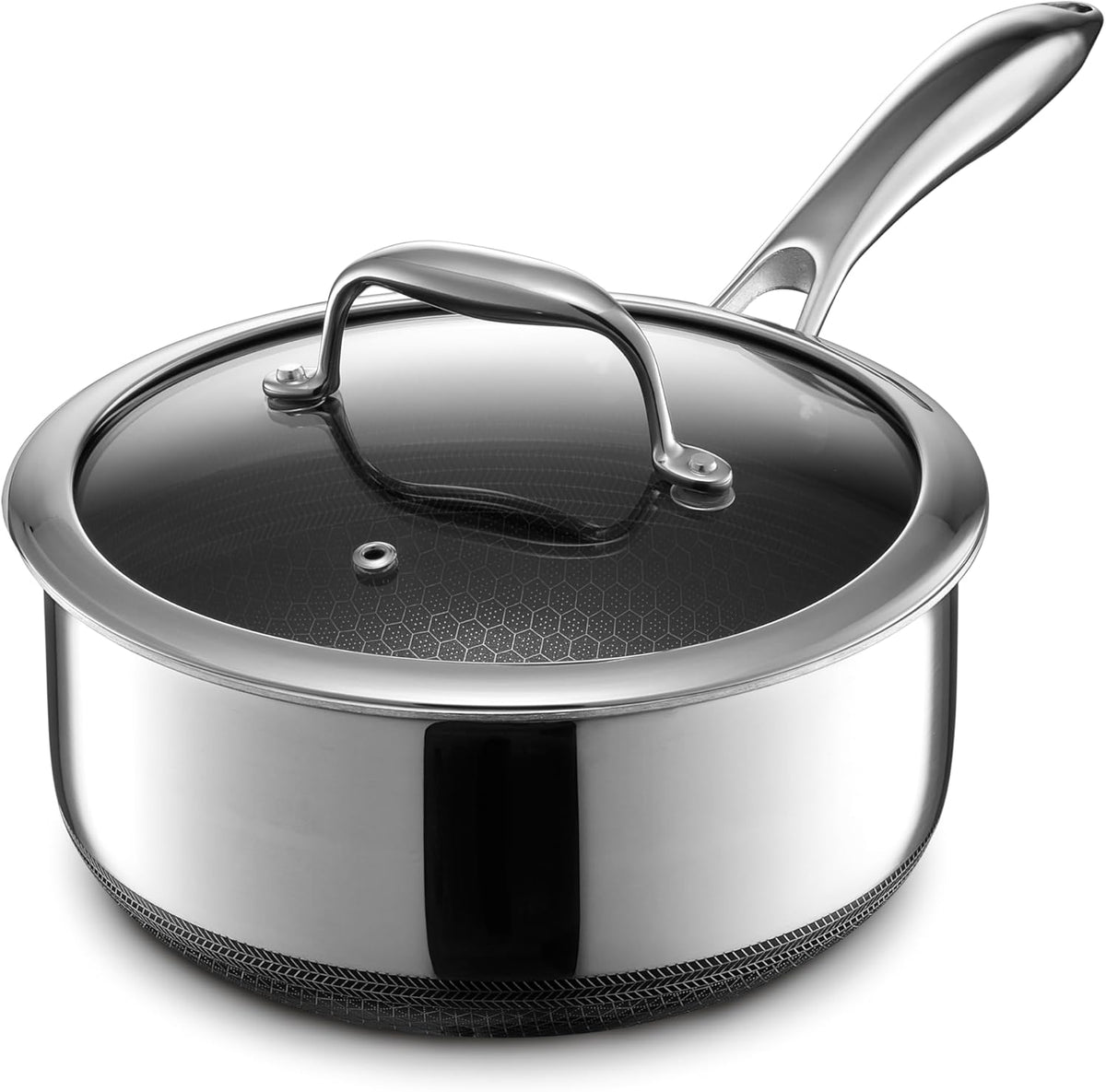 HexClad Hybrid Nonstick 3-Quart Saucepan with Tempered Glass Lid, Stay-Cool Handle, Dishwasher-Friendly, Oven-Safe Up to 900°F, Induction Ready, Compatible with All Cooktops