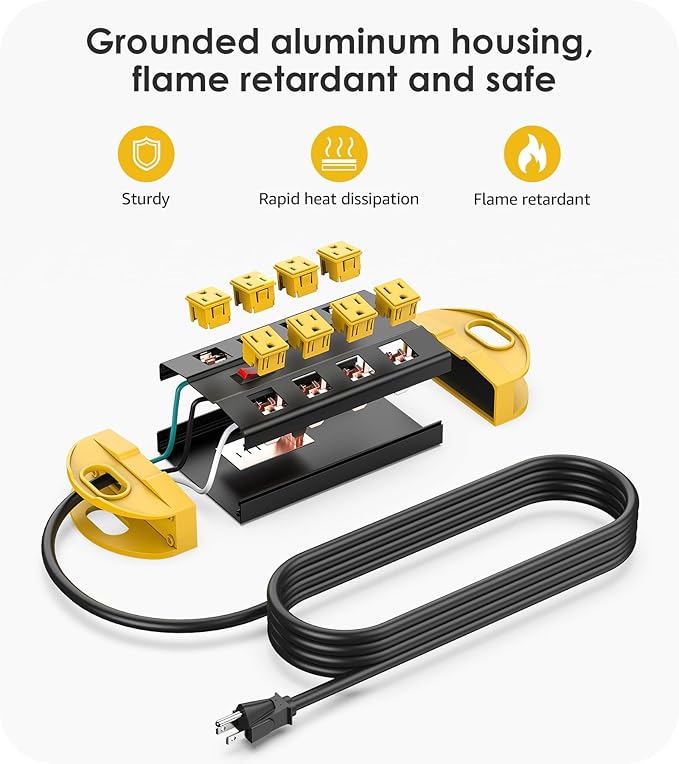 CCCEI Heavy Duty Power Strip Surge Protector, Metal 8 Outlets Power Strip for Appliance. Garage Shop Industrial Workbench 15 AMP Outlets Strip. 6FT Extension Cord, Yellow