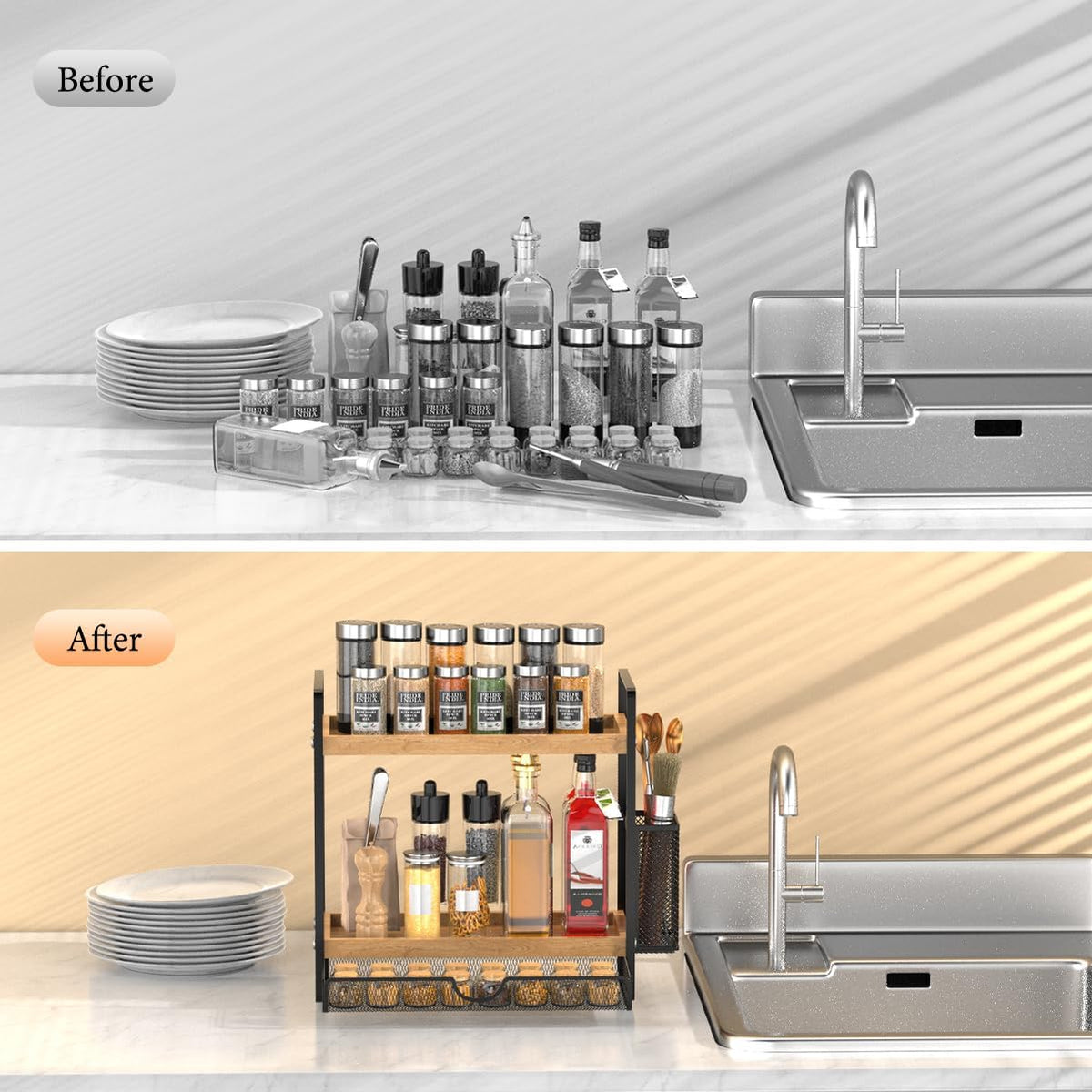 2 Tier Spice Rack Organizer for Countertop with Drawer and Basket, Suitable for Coffee Organizer, Kitchen Counter Storage, Bathroom Storage