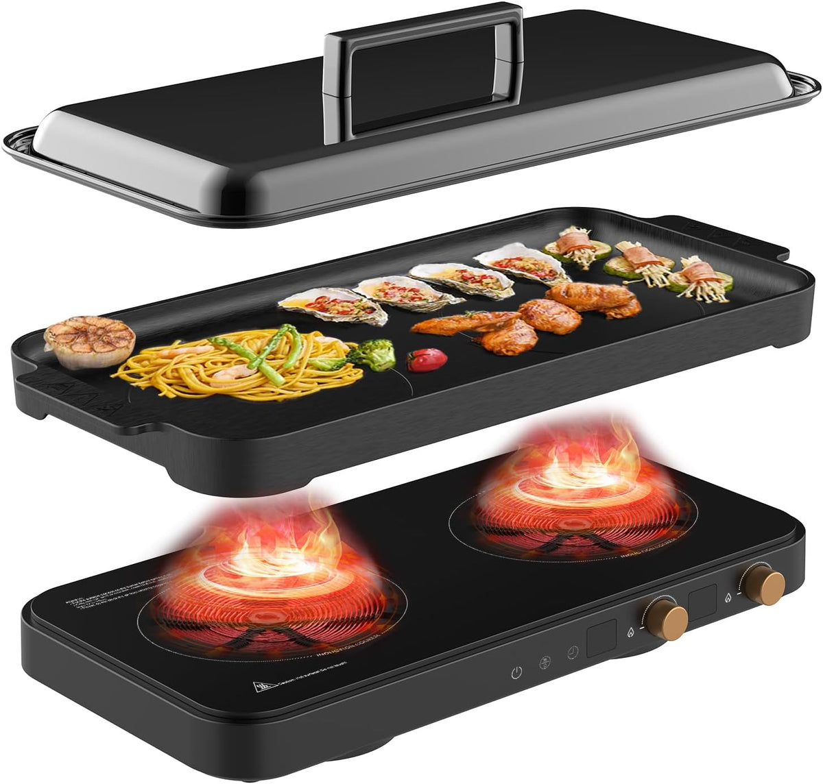Induction cooker with 2 burners, detachable baking tray, non stick, temperature control option with timer, suitable for kitchen and outdoor barbecue