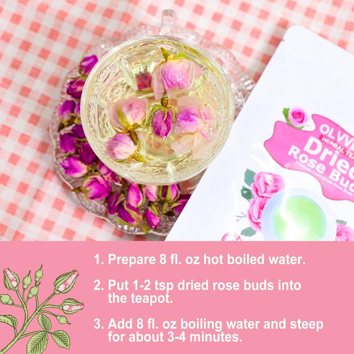 Olvvla - Dried Rose Bud For Fragrant Herbal Tea - 3.52oz/100g - Delicate Sweet and Refreshing - Natural Pink Rosebud Flower for Tisane, Decorative Desserts
