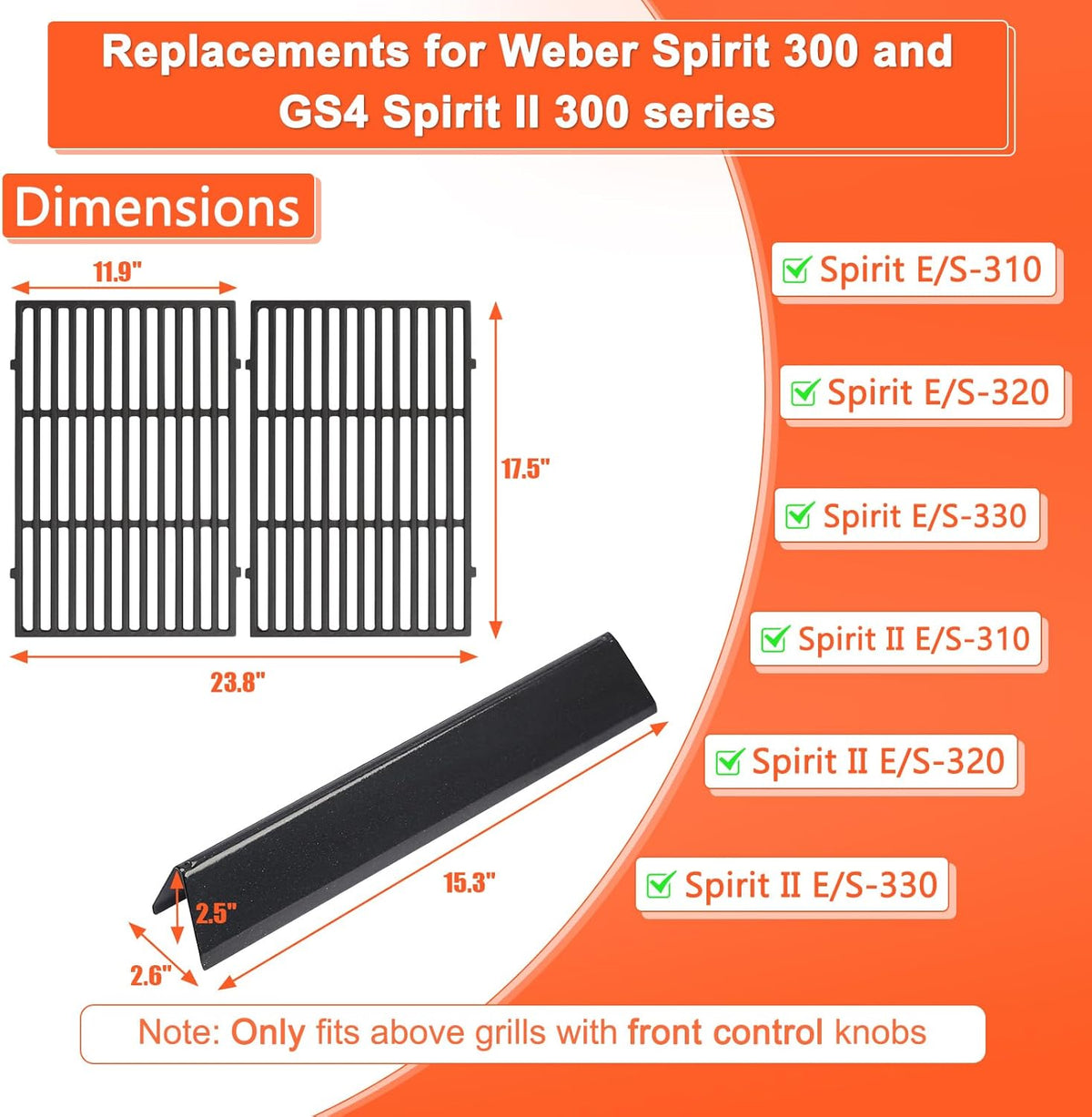 Grill Parts for Weber Spirit 300 and Spirit II 300 Series, 15.3" Flavorizer Bars & Grill Grates for Weber Spirit E-310 E-315 E-330 Series Grills with Front Control Knobs, Replace for Weber 7636 7638