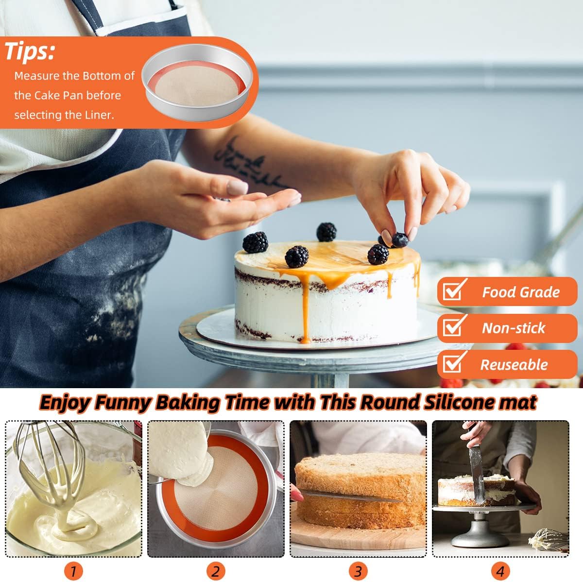 AMYONE Round Silicone Baking Mats for 10 inch Cake Pan, 10 Inch Tortilla Press Liner/Dough Mat for Cake/Tortilla/Pie/Pizza/Pastry, Food Grade Non-Stick Reusable(Round 9.65", 2PCS)