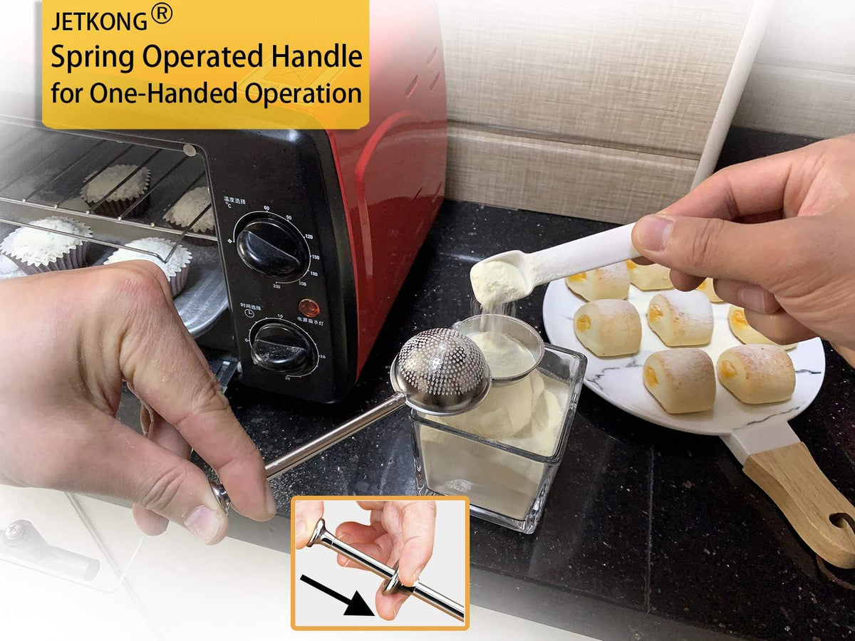 JETKONG Powdered Sugar Shaker Duster Flour Dispenser Shaker with 18/8 Stainless Steel Spring-operated Handle for Sugar Flour and Spices