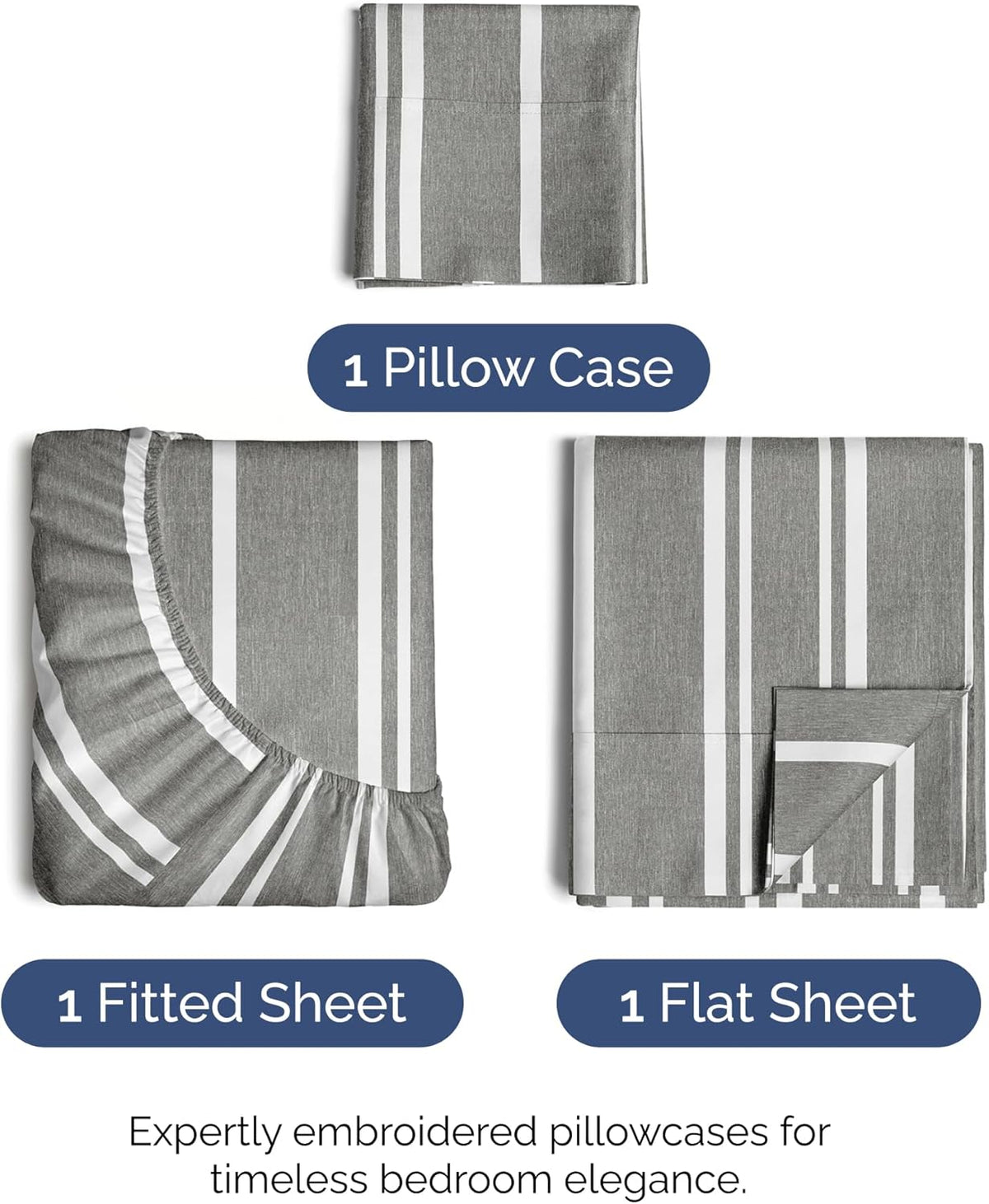 Twin XL Size 3 Piece Sheet Set - Comfy Breathable & Cooling Bed Sheets Set - Hotel Luxury Bedding for Women, Men, Kids, Teens, Boys & Girls - Deep Pockets and Wrinkle Free - Oeko-Tex - Grey Stripes 3