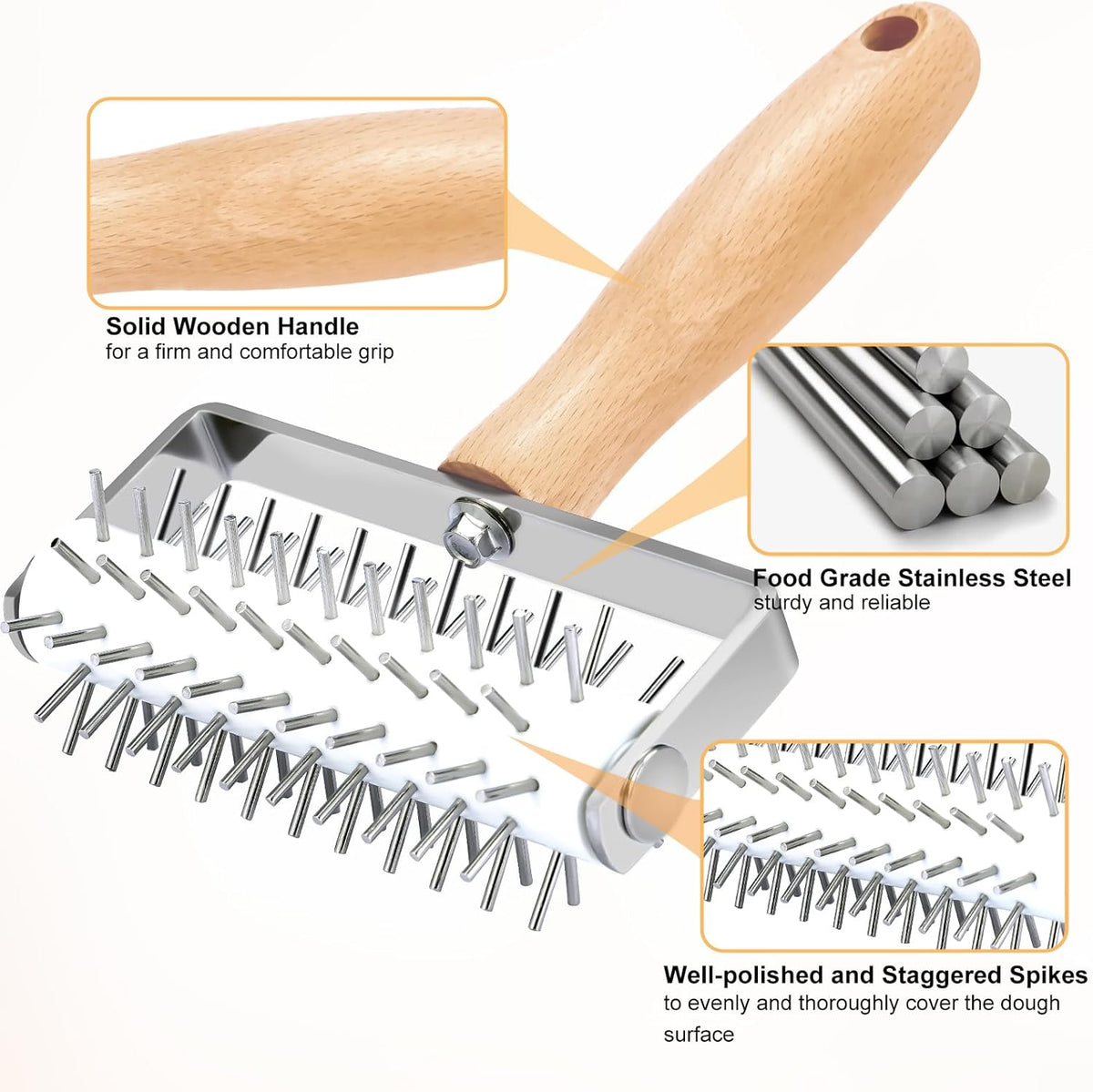 Pizza Dough Docker, Professional Dough Roller with Stainless Steel Spikes Wood Handle, Sturdy Pizza Docking Tool for Home & Commercial Kitchen, Time-Saver for Making Pizza Pie Pastry Bread