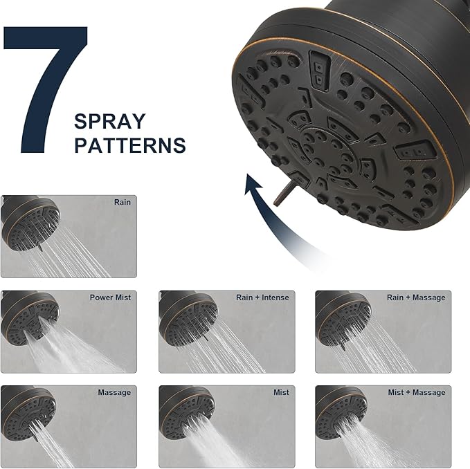 High Pressure Shower Filter Head Oil Rubbed Bronze Fixed Shower Head 7 Settings, 4.9" Bathroom Rain Shower Head with Enhanced Filter for Hard Water, Reduces Chlorine and Harmful Substances