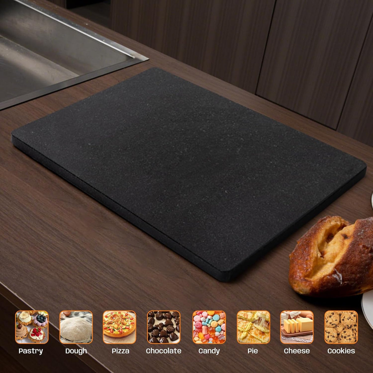 Black Granite Cutting Board, 16x20 Inch Large Marble Pastry Board, Stone Cutting Boards For Kitchen, Pack Of 1 Piece