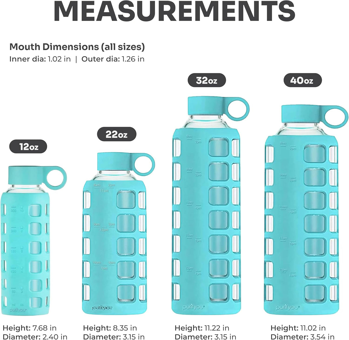 purifyou 40oz / 32oz / 22oz / 12oz Borosilicate Glass Water Bottle with Time & Volume Markers, Silicone Sleeve, Stainless Steel Lid – Reusable Glass Bottle for Water & Juice (12oz Aqua Blue)
