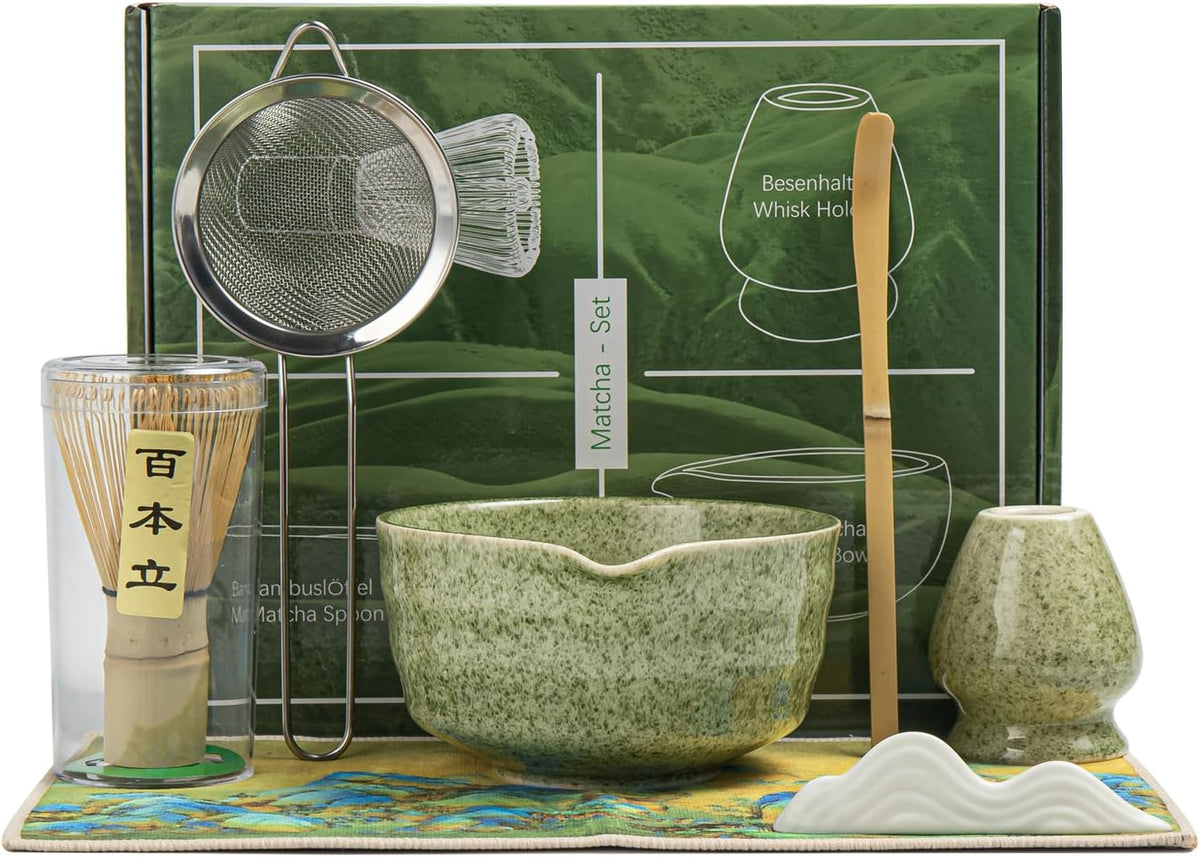 Matcha Set, Matcha Whisk Set Includes Matcha Bowl with Spout, Bamboo Whisk, Matcha Whisk Holder, Sifter, Scoop, Spoon Holder, Tea Towel- 7pcs Perfect Matcha Kit for Matcha Tea Ceremony (Jade Green)