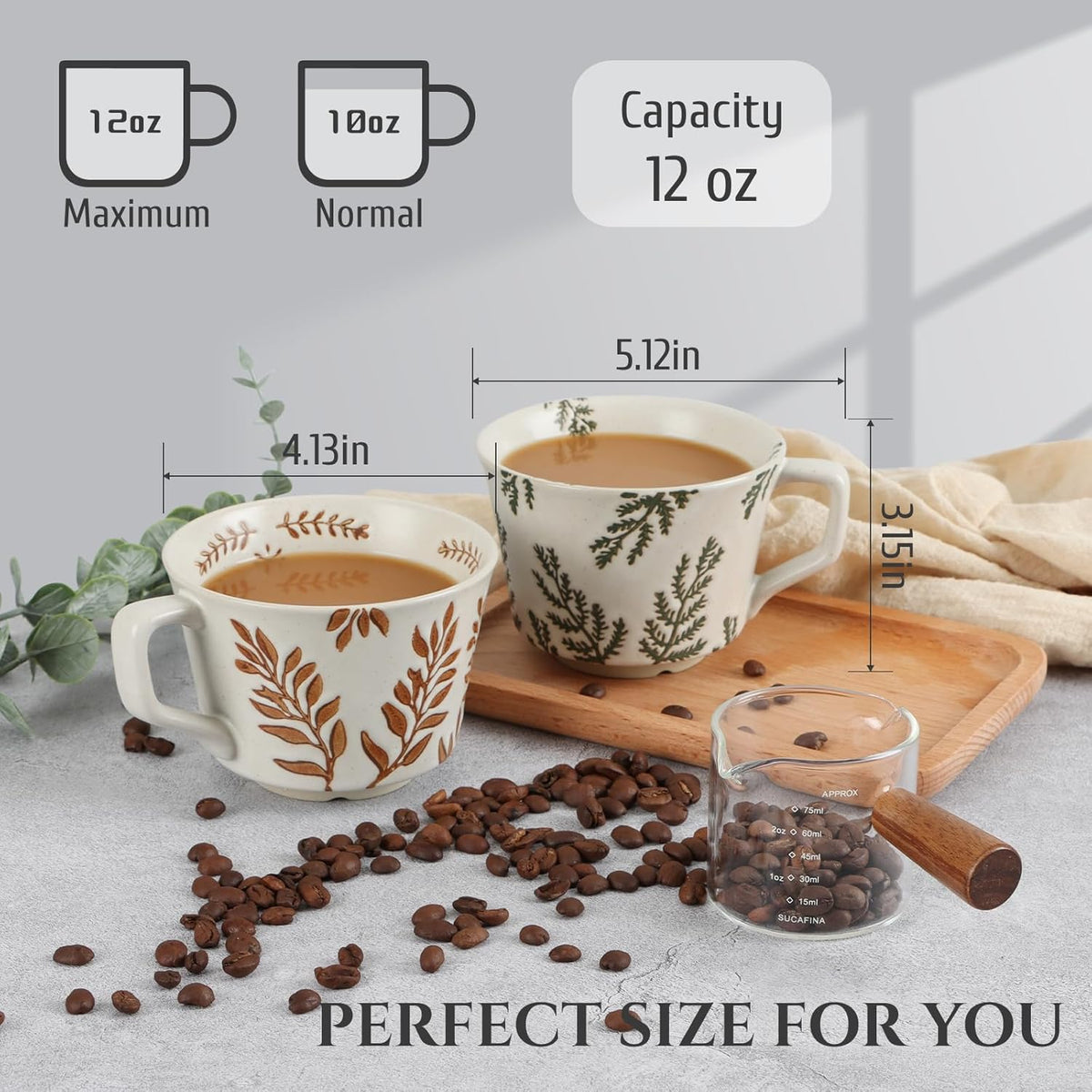Ceramic Coffee Mug, 12 oz Novelty Unique Teacup with Large Handle, Stoneware Cup for Tea Mocha Latte Cappuccino Espresso (Set of 4, Butterfly Grass Ivy and Leaf)