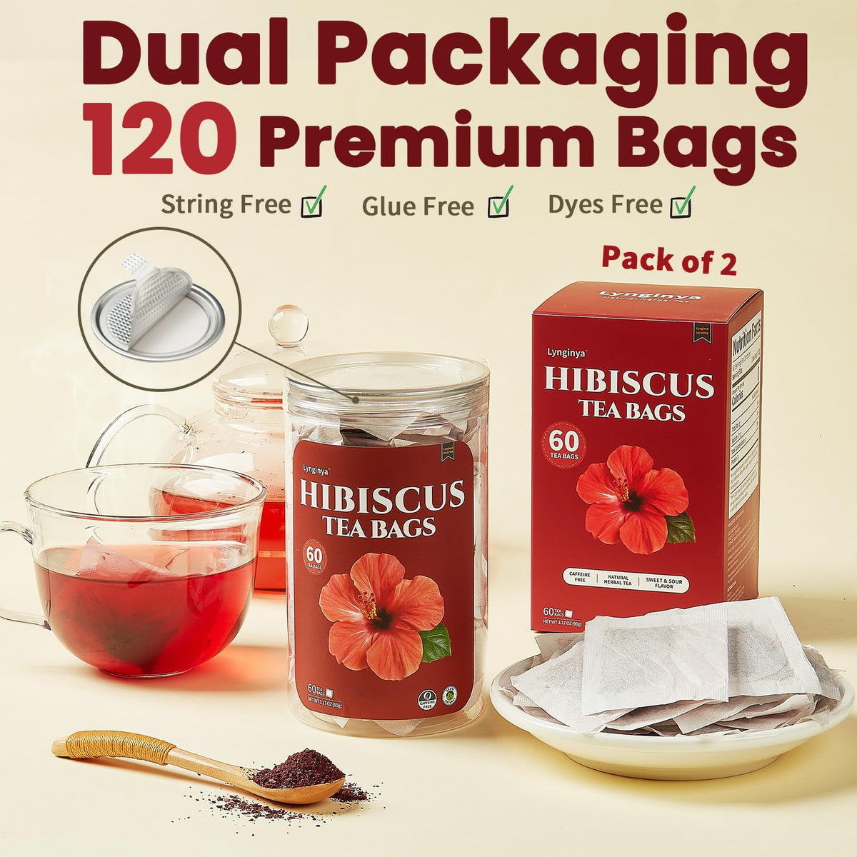 Lynginya Hibiscus Tea Bags, 60 Tea Bags (Pack of 2) - Premium Hibiscus Flower - Natural Herbal Tea - Sweet & Tart - No Sugar & No Caffeine - Total 120 Bags