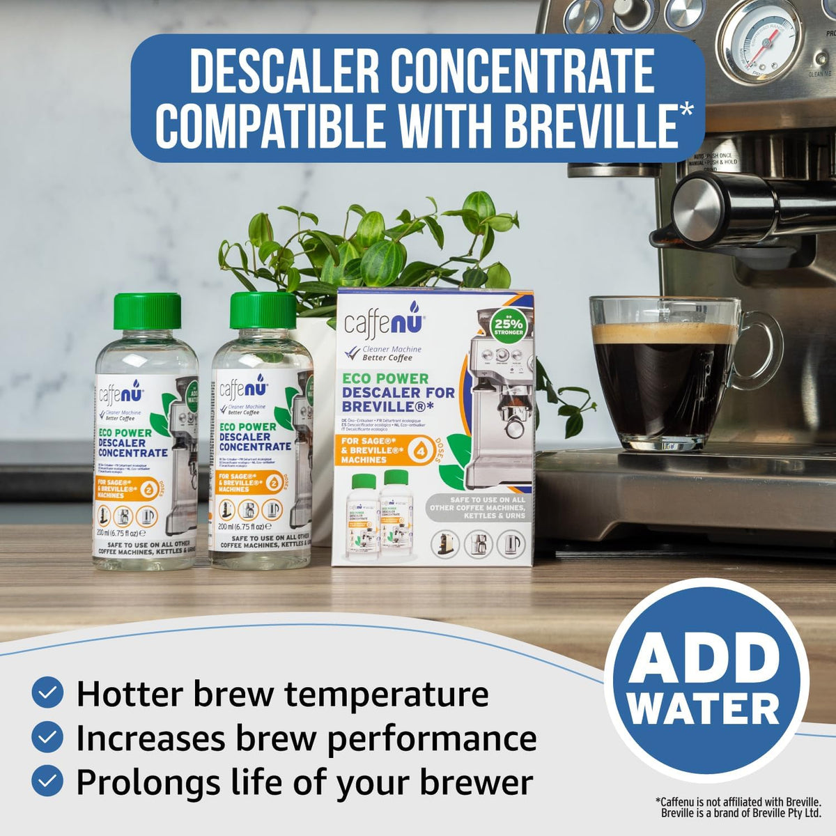 Breville Compatible Descaling Solution. 2 Bottles of Descaler Solution. Descaling Kit Removes Limescale For Hotter Coffee. 4 Uses Descaler For Breville Coffee Machines.