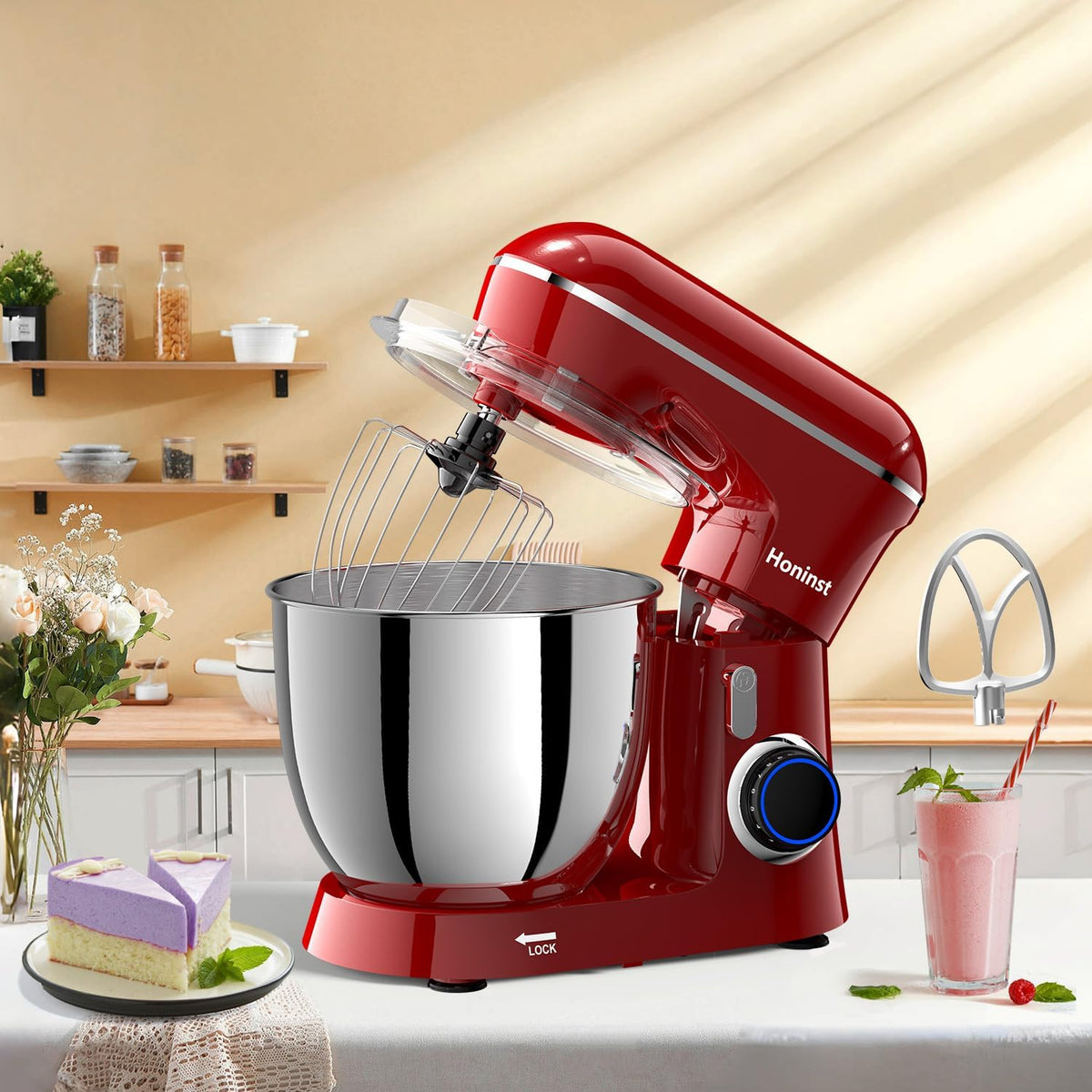 Stand Mixer, 6.5QT 10-Speed Tilt-Head Electric Stand Mixer, 3-In-1 Kitchen Mixer with Bowl, Dough Hook, Whisk and Beater, Food Mixer for Baking, Cake and Most Home Cooks, Red