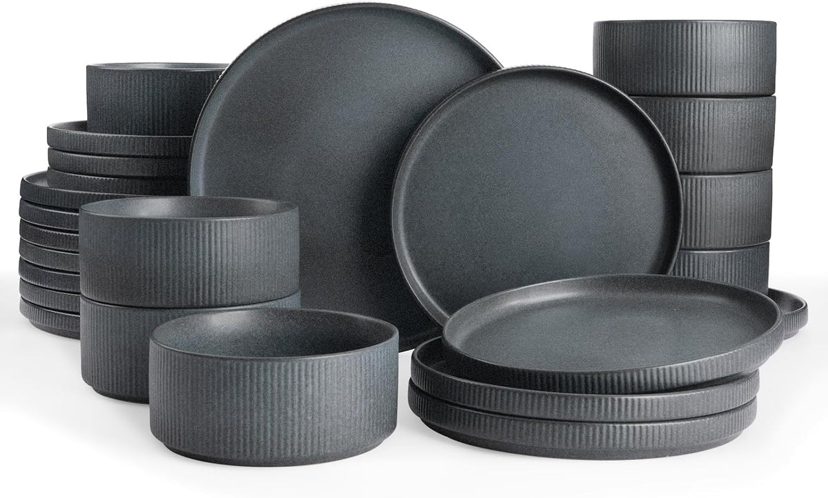 Famiware Star Plates and Bowls Sets, Modern Stoneware Dinnerware Sets for 8, 24-Piece Kitchen Dish Set - Microwave and Dishwasher Safe, Chip and Scratch Resistant, Matte Dark Charcoal