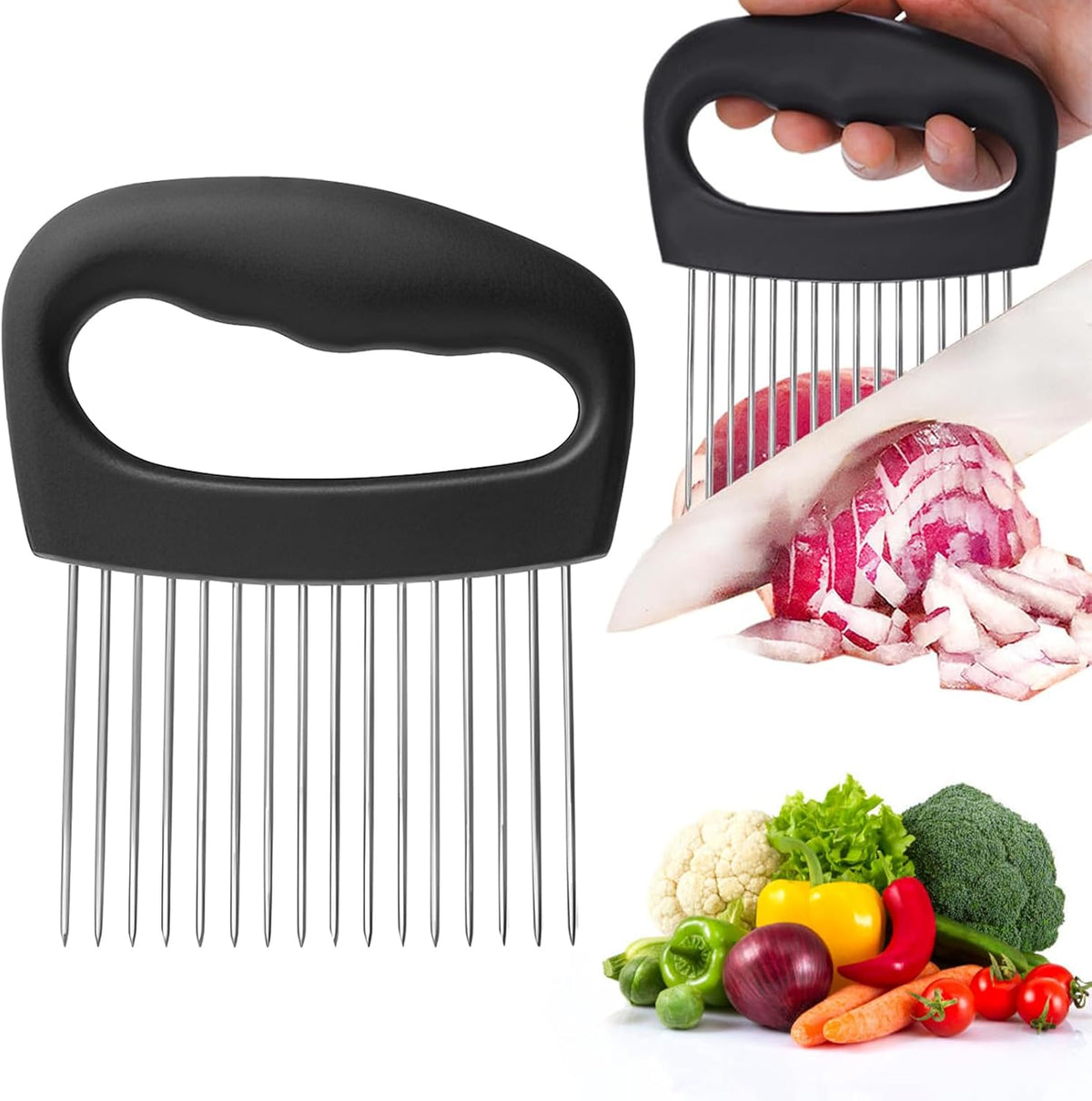 Suuker Extra-Large Onion Holder for Slicing, Onion Chopper Vegetable Cutter, Large Tomato Slicer with 16 Long Needles, Stainless Steel Meat Tenderizer Tool, Food Slicer Guide Kitchen Gadgets