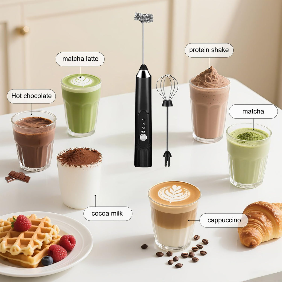 BEoffer Milk Frother Handheld Rechargeable 2000mAH Power Frother Wand Electric Foam Maker with 2 Stainless Whisks 3 Speeds Drink Mixer Coffee Frother for Latte, Cappuccino, Matcha, Hot Chocolate, Egg