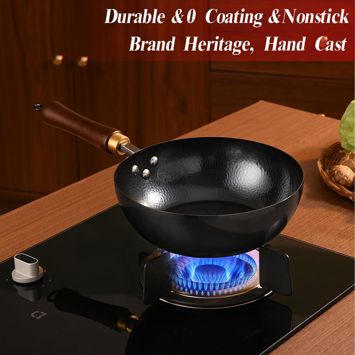 Carbon Steel Wok Pan, 9.5 “ Woks & Stir-Fry Pans with glass Lid Cookwares, Nonstick Wok, No Chemical Coated Flat Bottom Hand Hammered Chinese Wok For for Electric, Induction, for All Stoves