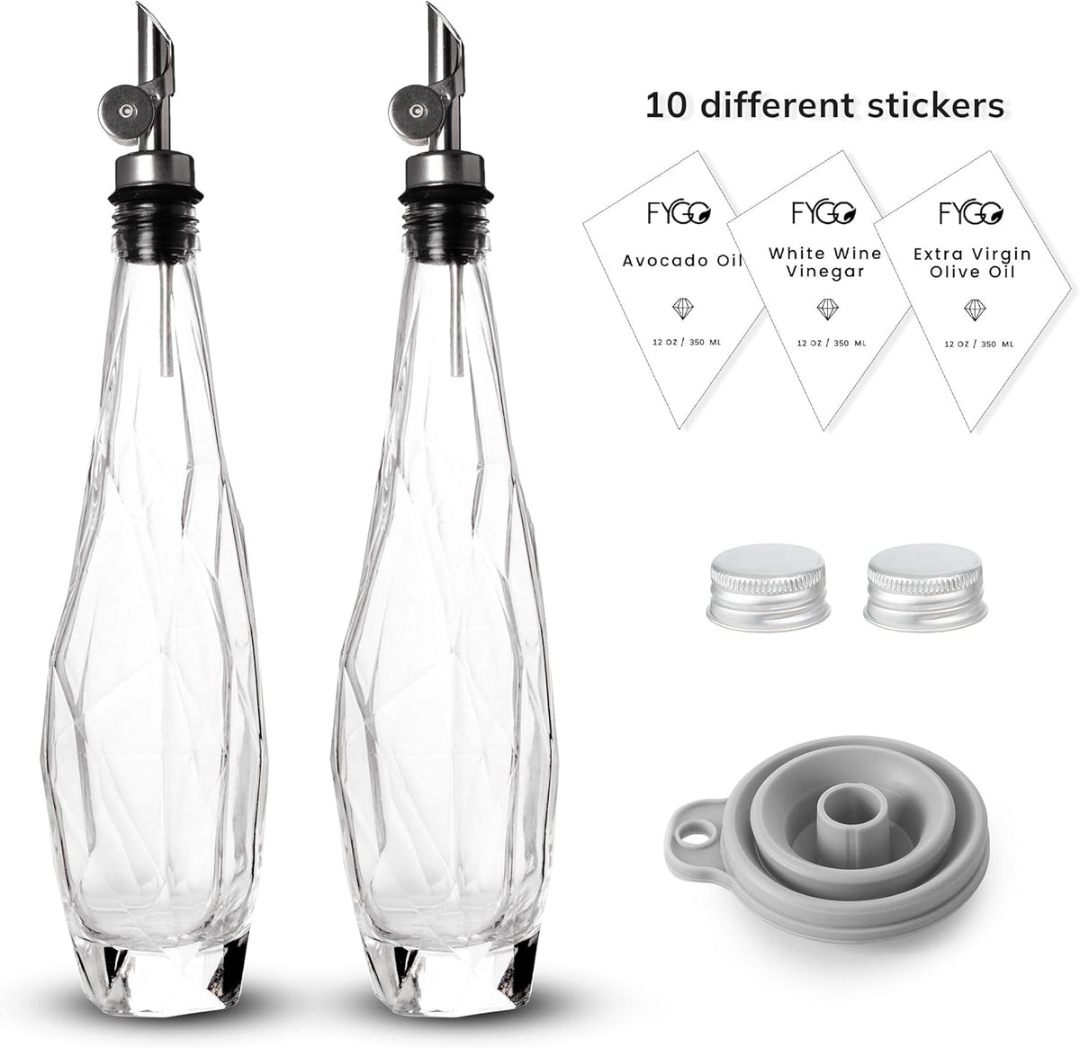 FYGO Diamond Lux Olive Oil Bottle Dispenser - Olive Oil Container- Oil and Vinegar Dispenser Set with Pourer and Funnel - Glass Dispenser Bottle for Kitchen - 500ml - Set of 2