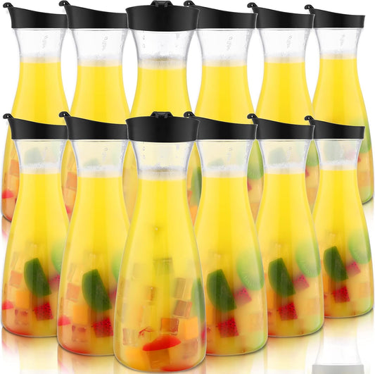 Xinnun 12 Pcs Water Carafe with Flip Top Lid Plastic Carafe with Black Lid Clear Plastic Water or Juice Beverage Pitcher Beverage Pitcher Jug for Restaurant Party School Bar Juice Milk Coffee (20 oz)