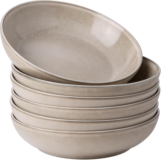 AmorArc 8.5'' Large Pasta Bowls, 36oz Ceramic Salad Serving Bowls Set of 6 for Kitchen, Wide Stoneware Bowls for Pasta,Salad,Fruit,Bread, Microwave Safe, Cappuccino