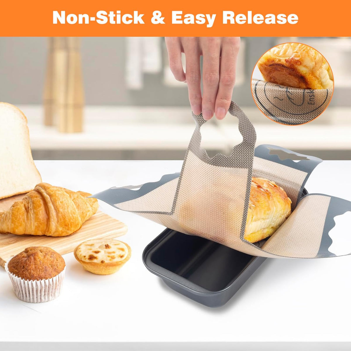 2 Pcs Silicone Bread Loaf Pan Liners, Reusable Food-Grade Silicone Bread Baking Mat, Non-Stick & Heat Resistant Loaf Pan Lifters, Sourdough Sling with 4 Handles, Fits 9x5" or 1.5Lb Loaf Pans
