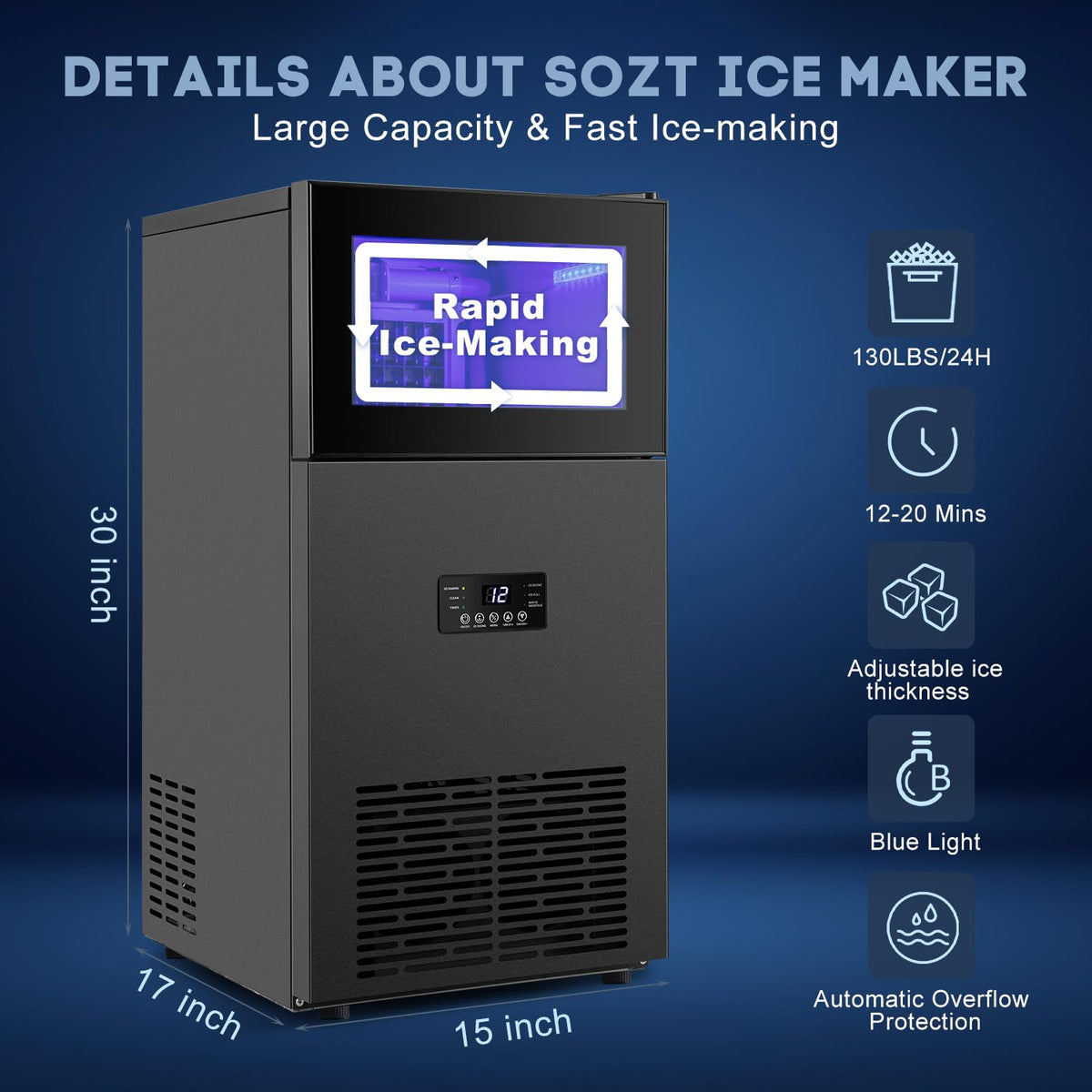 Upgraded Commercial Ice Maker - 130LBS/24H with 35LBS Storage Bin, 15" Wide Frosted Black Undercounter/Freestanding Ice Machine for Home Bar & Outdoor Use - Produces 45 Ice Cubes