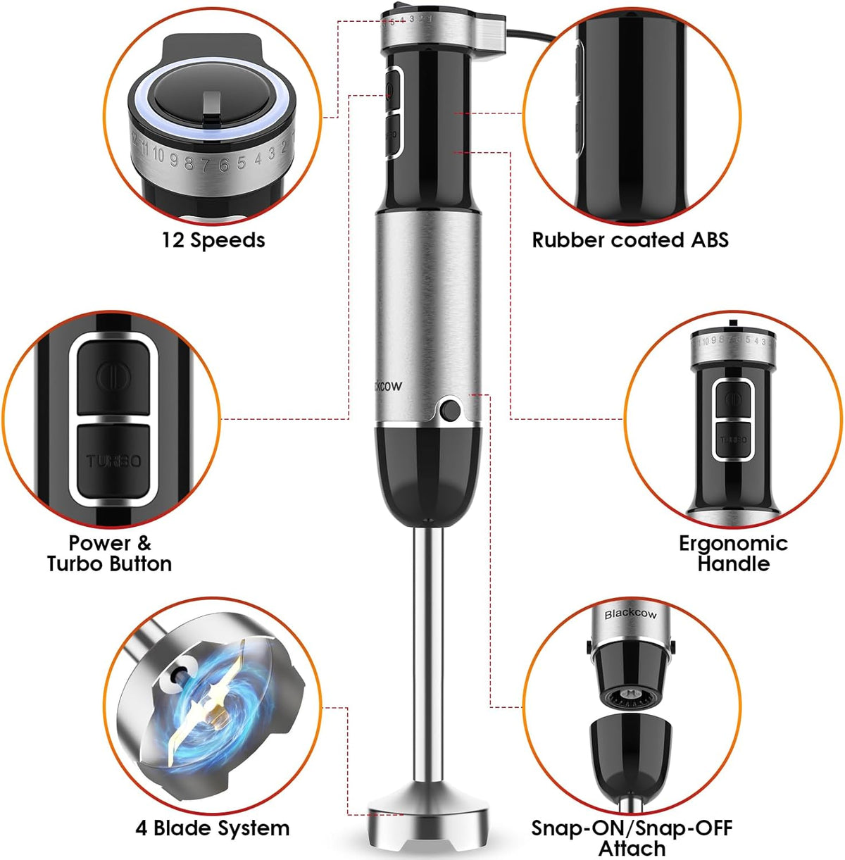 Immersion Blender Handheld, 800W Powerful Electric Hand Blender with Titanium Alloy Blades, 12 Speeds & Turbo, Electric Hand Mixer for Smoothies, Soups, Baby Food and Purees